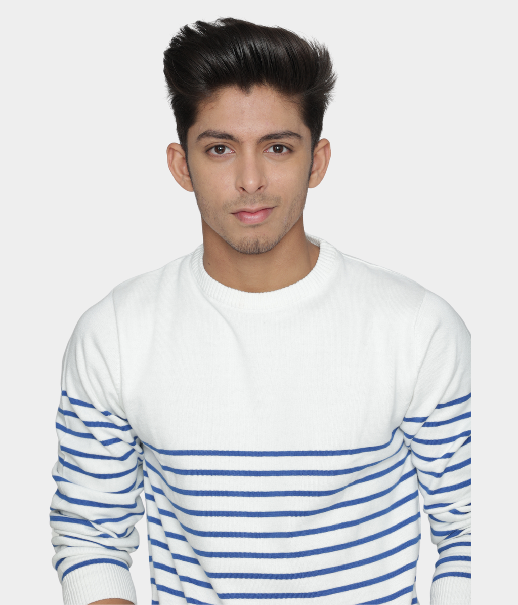 OFF WHITE BLUE STRIPED PREMIUM COTTON FULL SLEEVES T-SHIRT