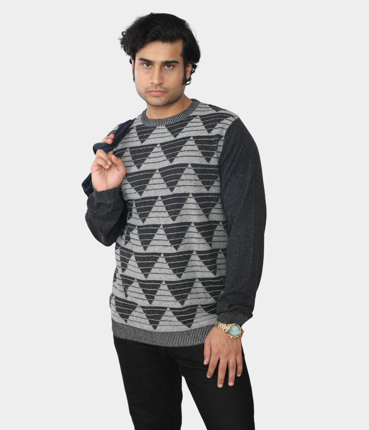 Charcoal grey denim finished jacquard knitted cotton T-Shirt