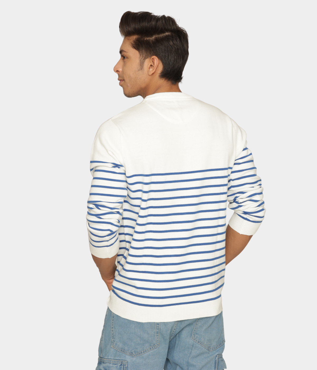 OFF WHITE BLUE STRIPED PREMIUM COTTON FULL SLEEVES T-SHIRT