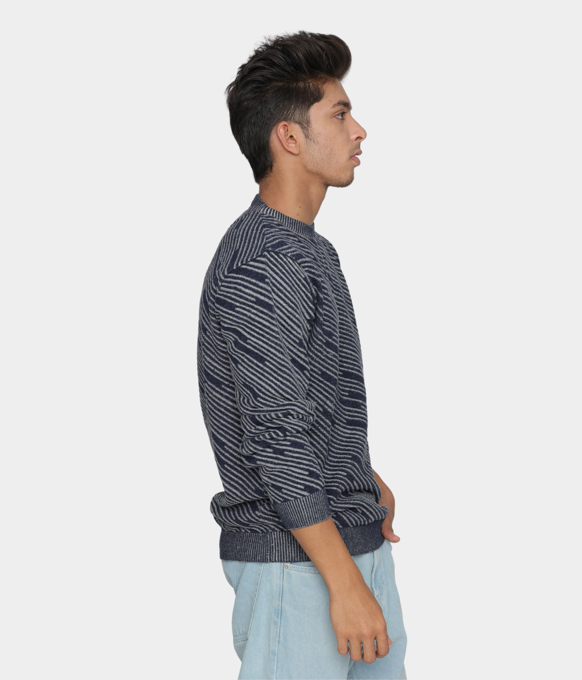 Navy with Grey Structured strips Denim Finished Jacquard Knitted T-Shirt