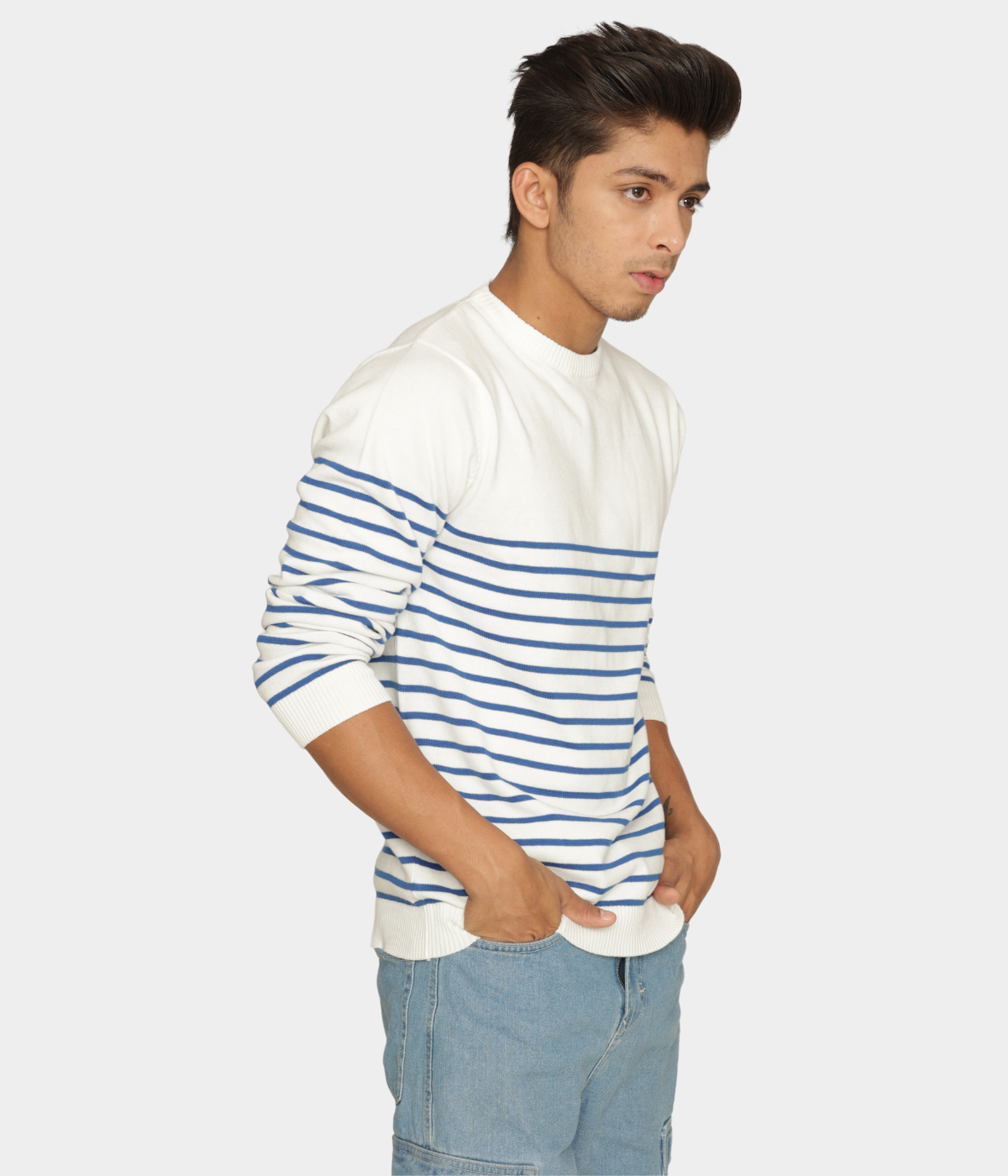 OFF WHITE BLUE STRIPED PREMIUM COTTON FULL SLEEVES T-SHIRT