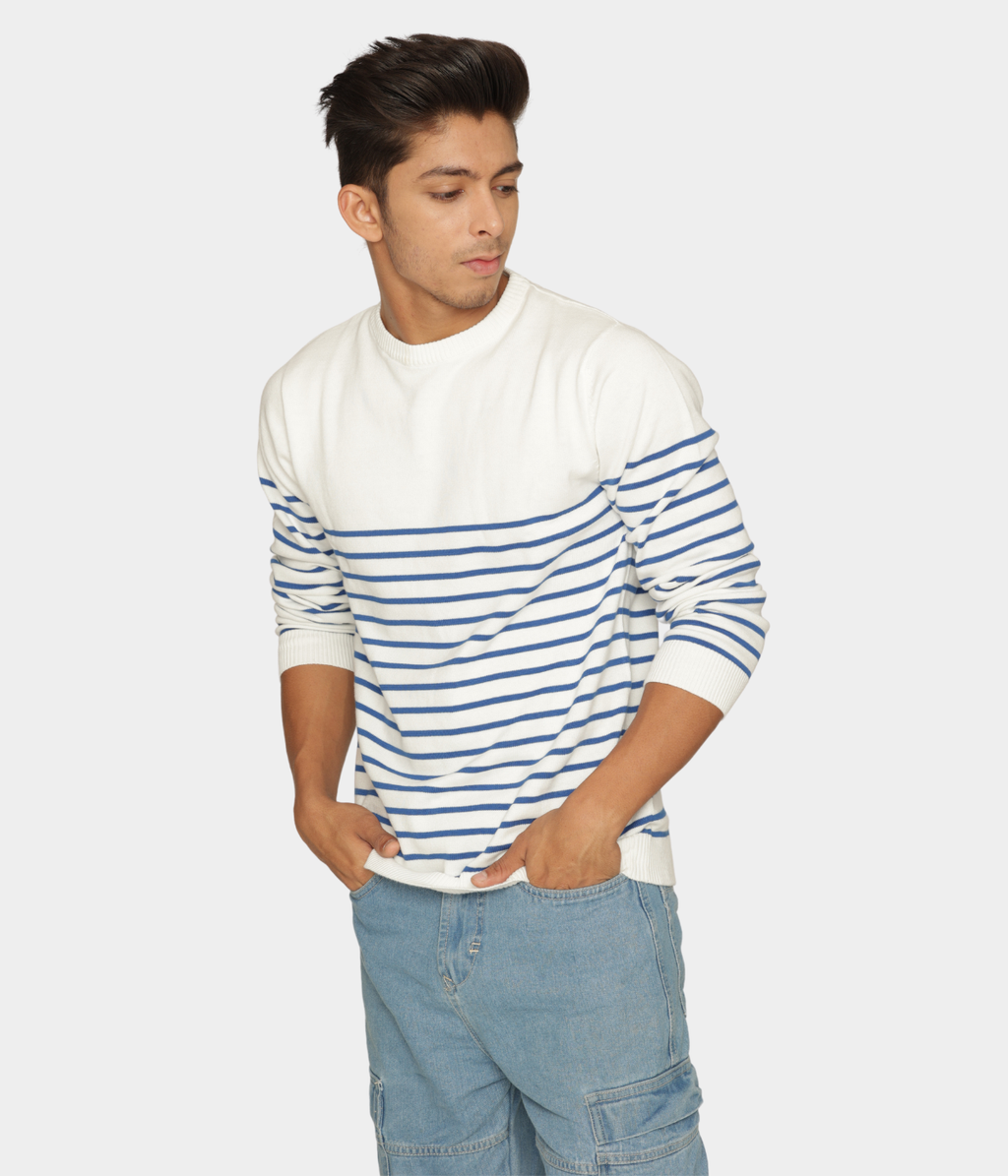 OFF WHITE BLUE STRIPED PREMIUM COTTON FULL SLEEVES T-SHIRT
