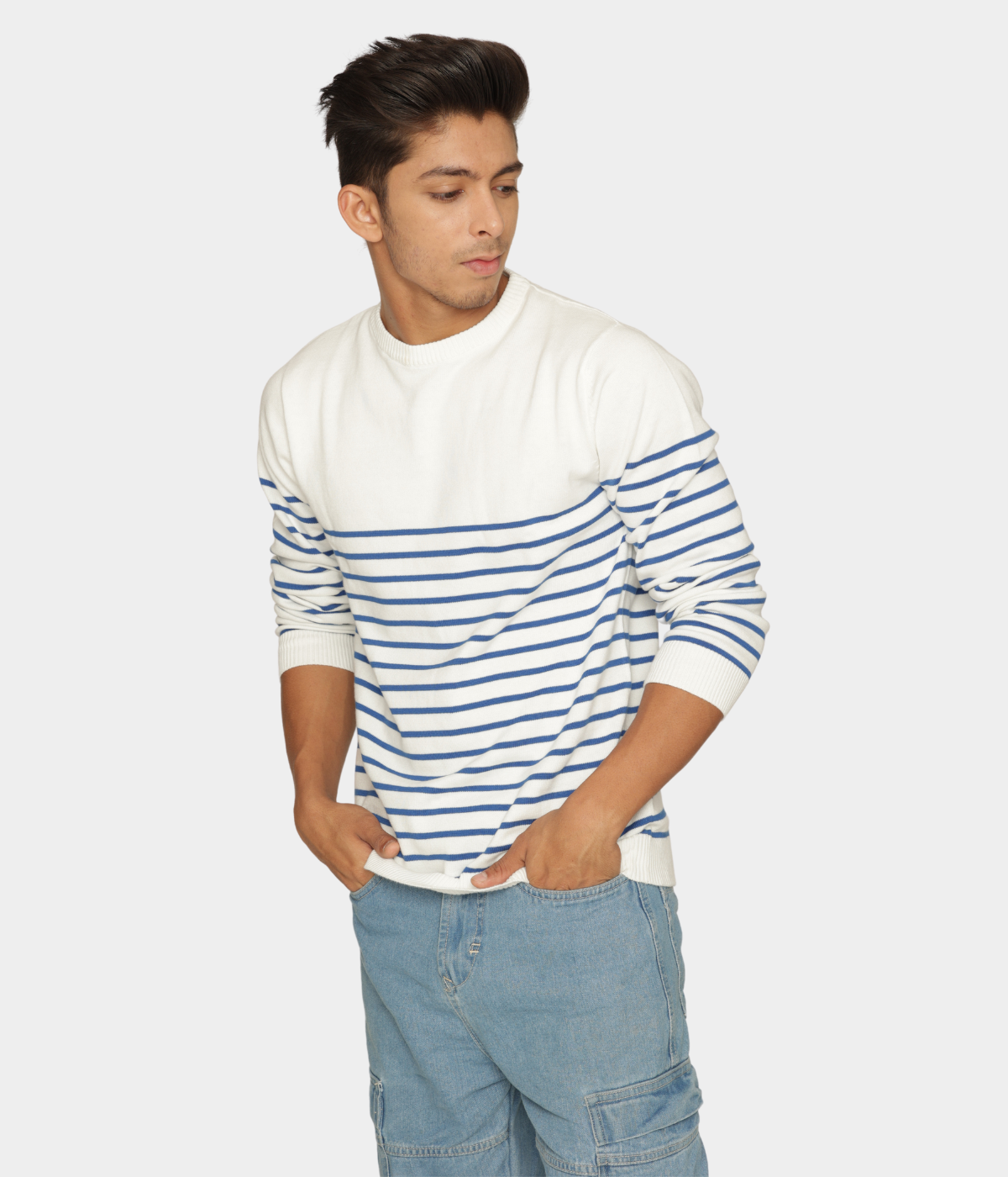 OFF WHITE BLUE STRIPED PREMIUM COTTON FULL SLEEVES T-SHIRT