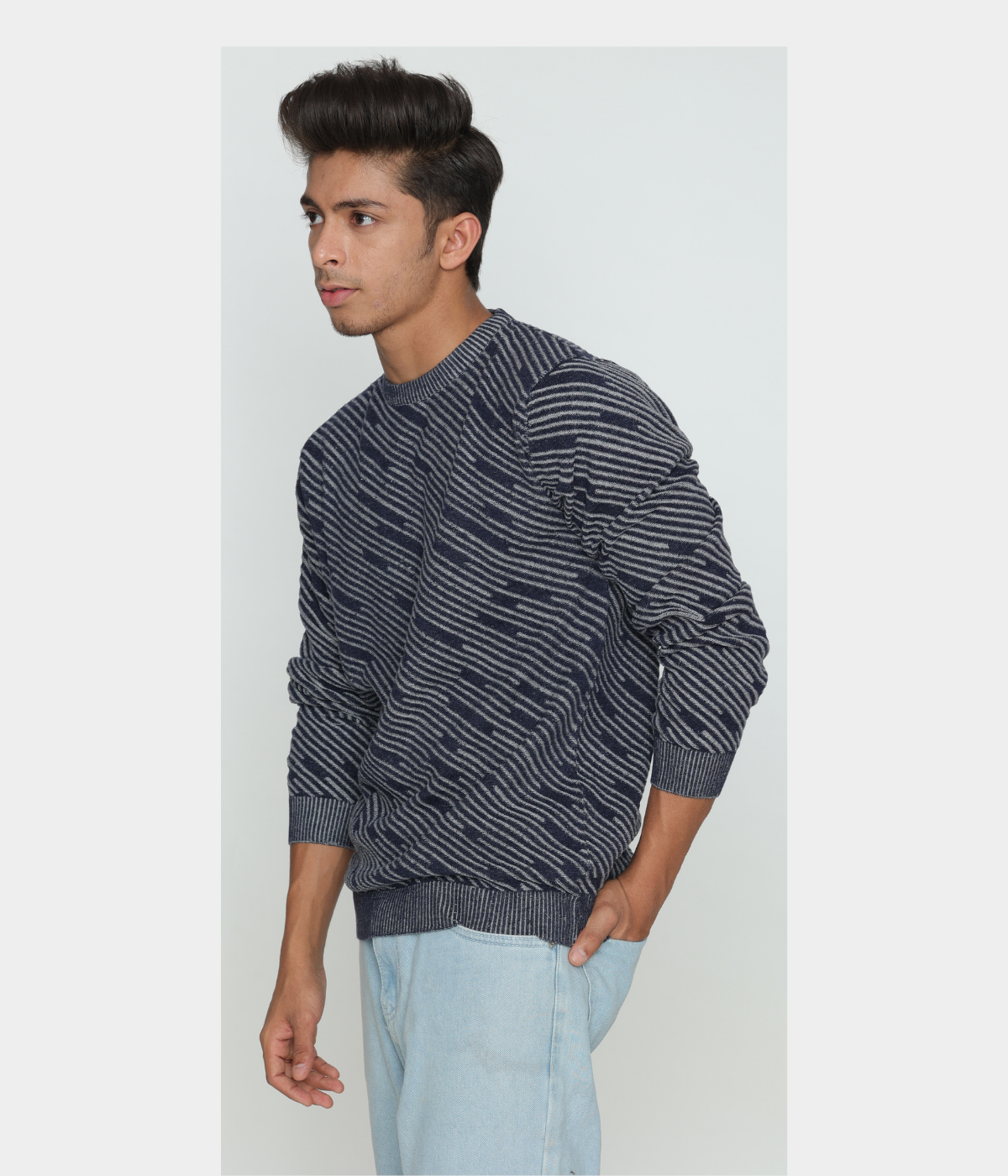 Navy with Grey Structured strips Denim Finished Jacquard Knitted T-Shirt
