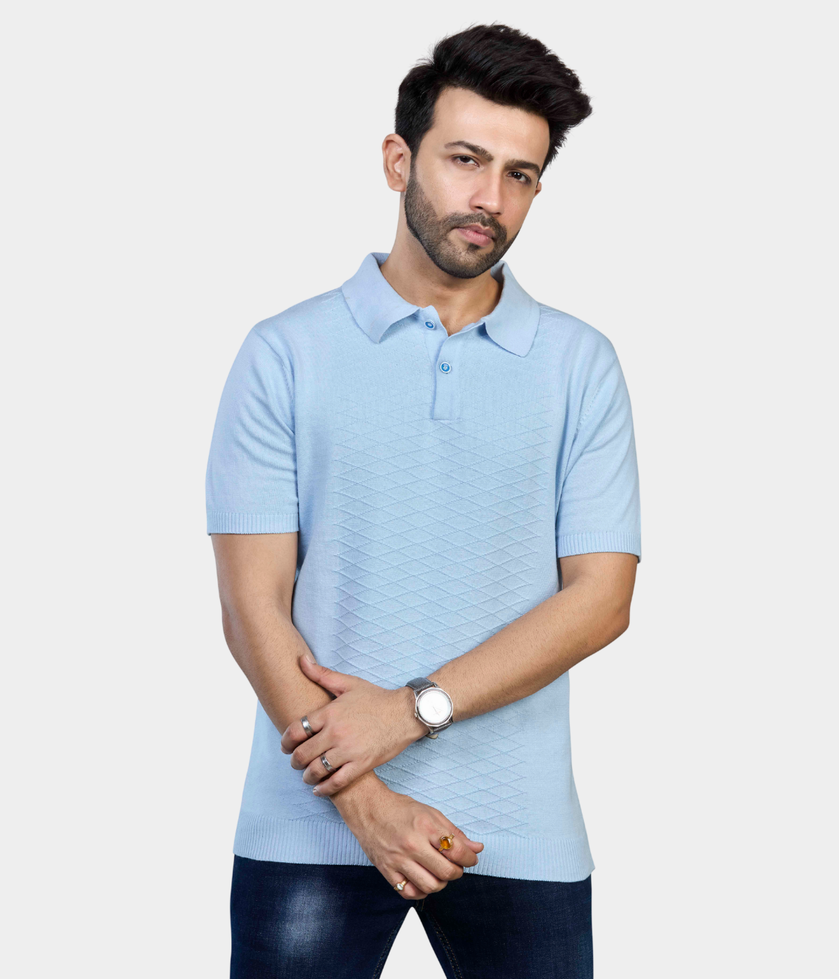 Sky Blue Textured Knitted Cotton Polo T-Shirt