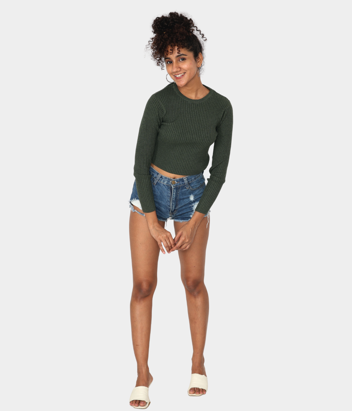 Olive Ribbed Full Sleeves Knitted T-Shirt