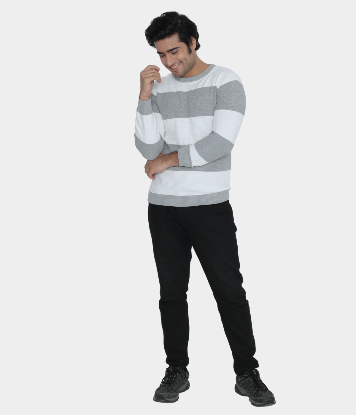 White and Grey Striped Knitted Cotton T shirt