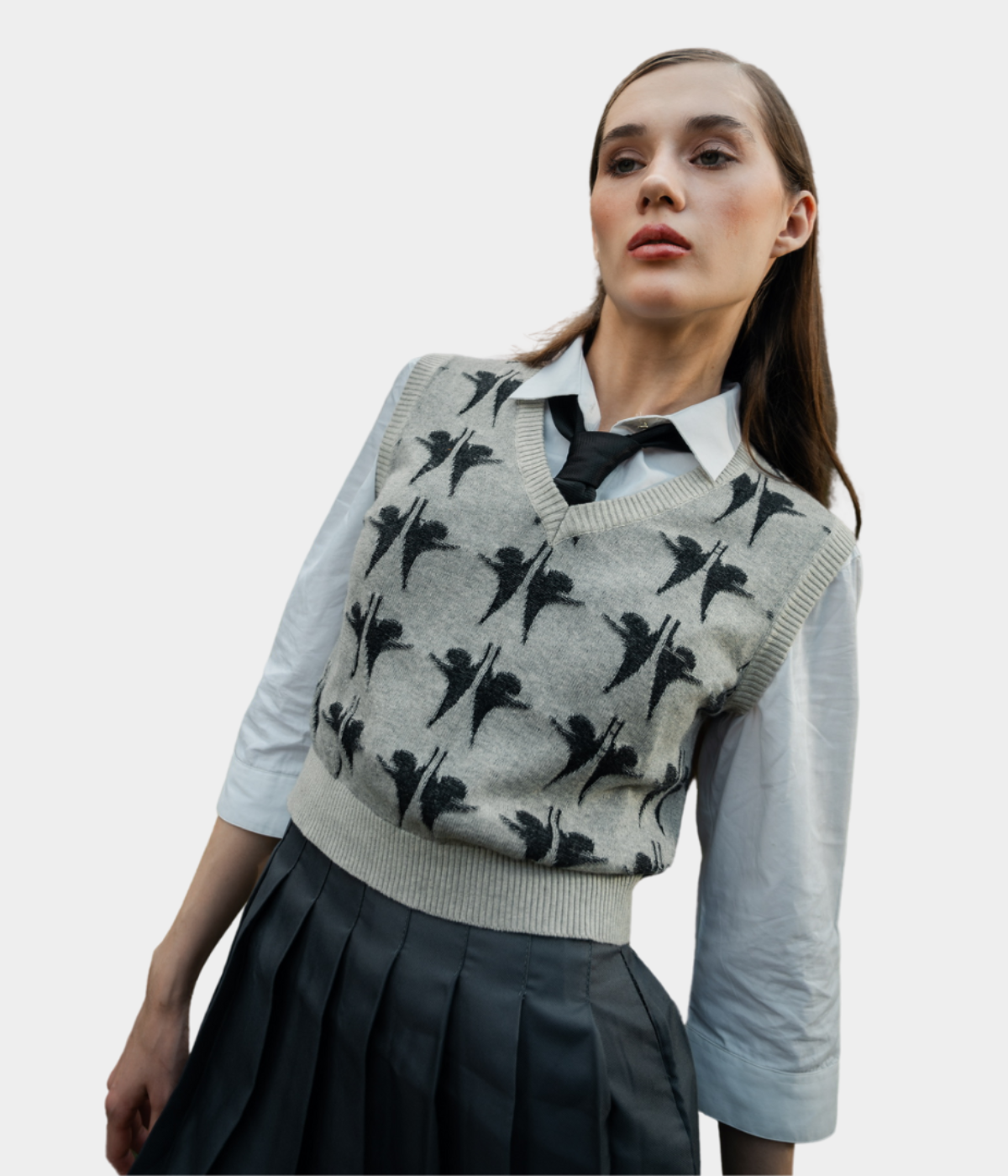 Grey with Black Structured V-Neck Sleeveless Knitted