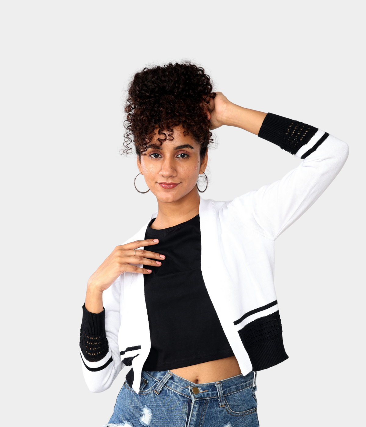 White with Black Pointelle Bottom Knitted Shrug