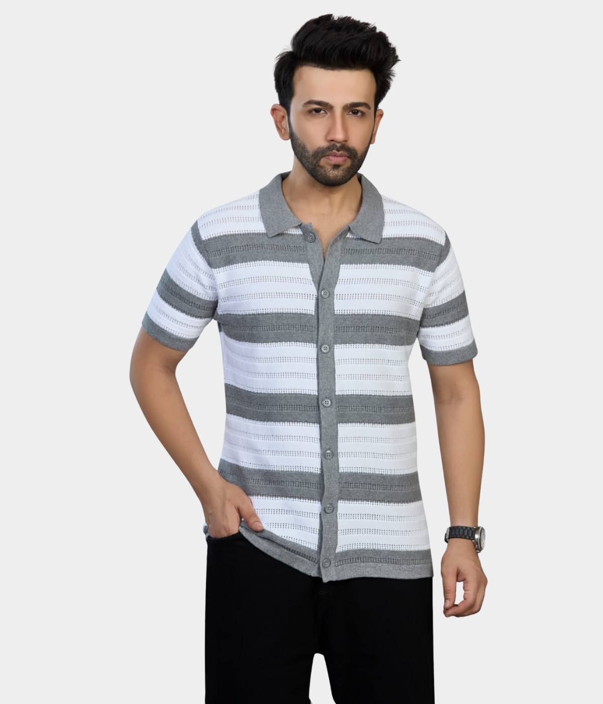 White & Grey Pointelle Knitted Shirt