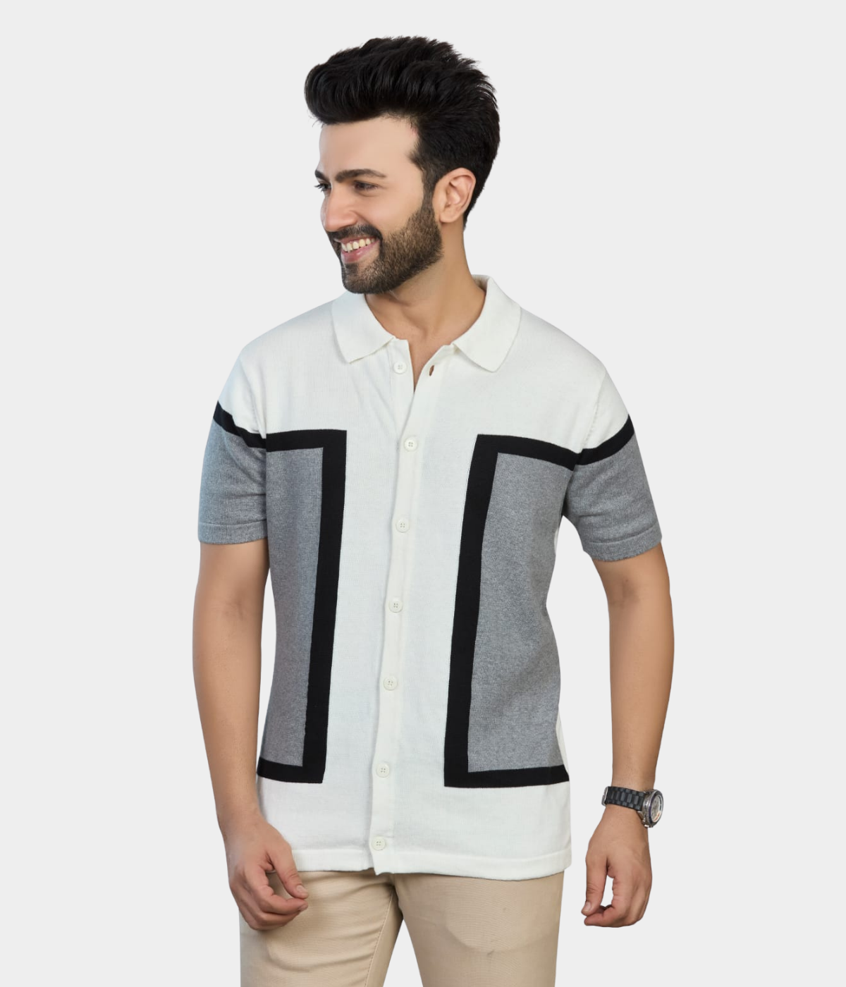 Off-White & Grey Structured Knitted Shirt