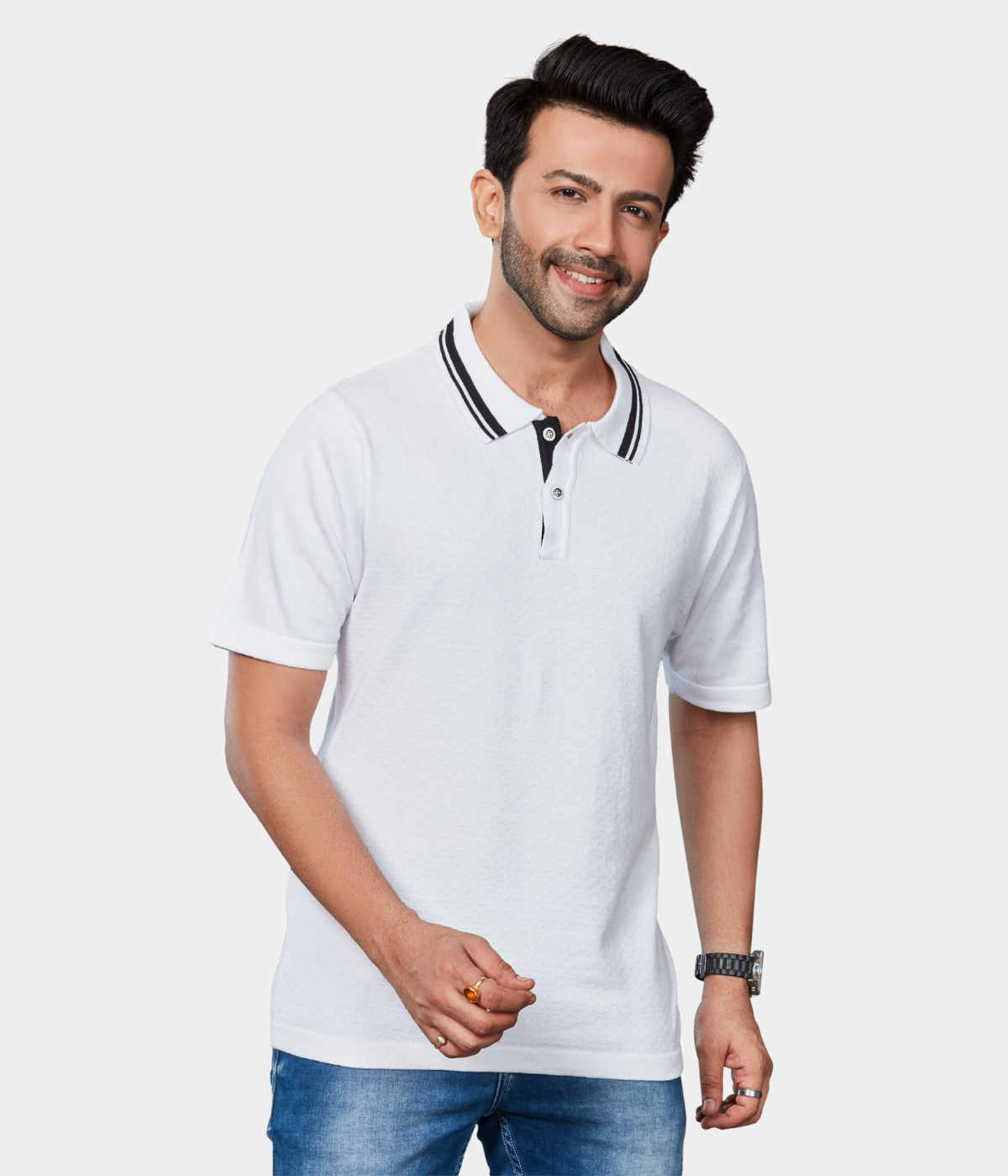 White Cotton structured knitted T-Shirt