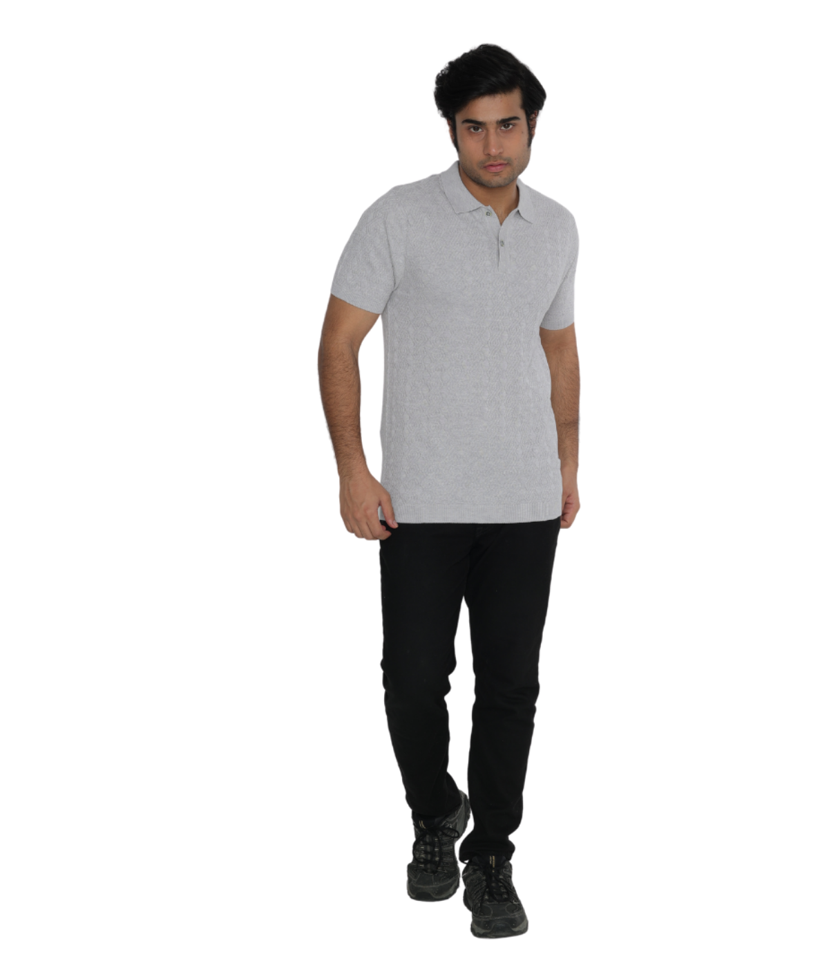Grey Structured Cotton Polo Knitted T-Shirt