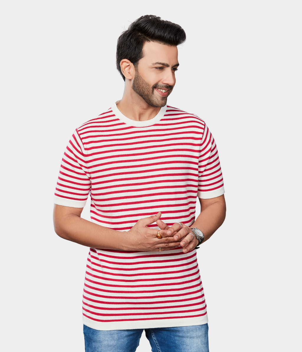 Off-White Round Neck Knitted T-Shirt with Rani Stripes