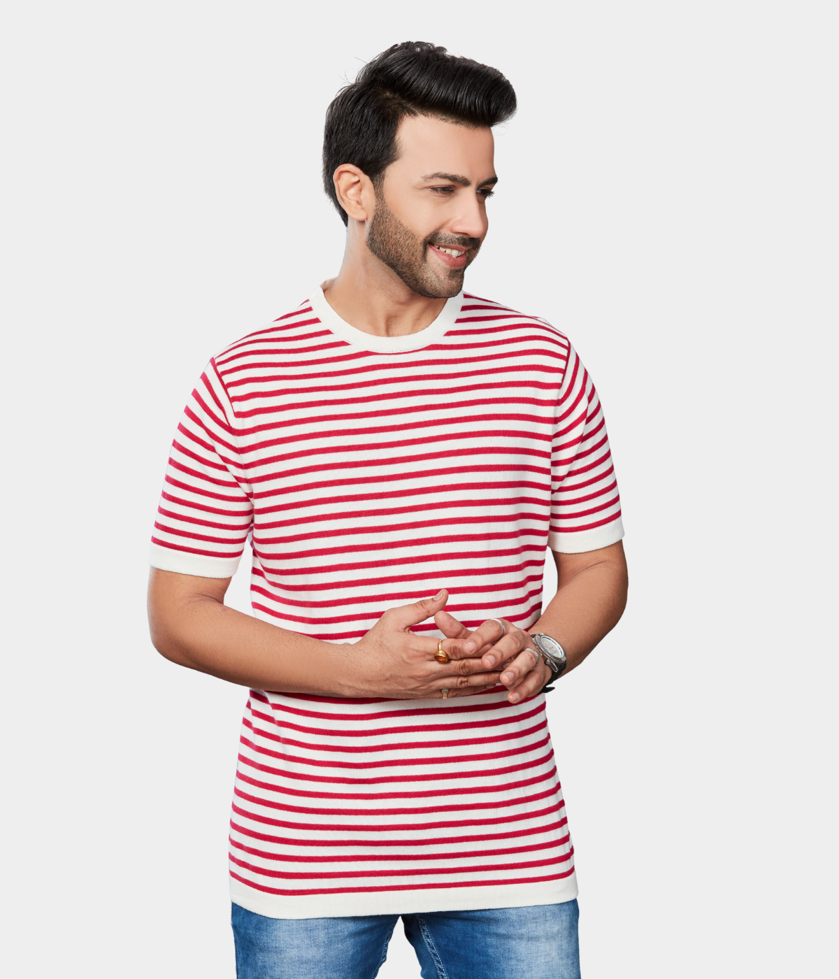 Off-White Round Neck Knitted T-Shirt with Rani Stripes