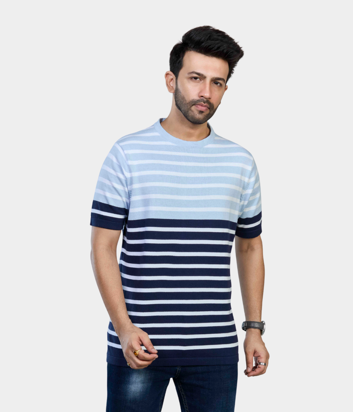 Light Blue & Navy Striped Knitted T-Shirt