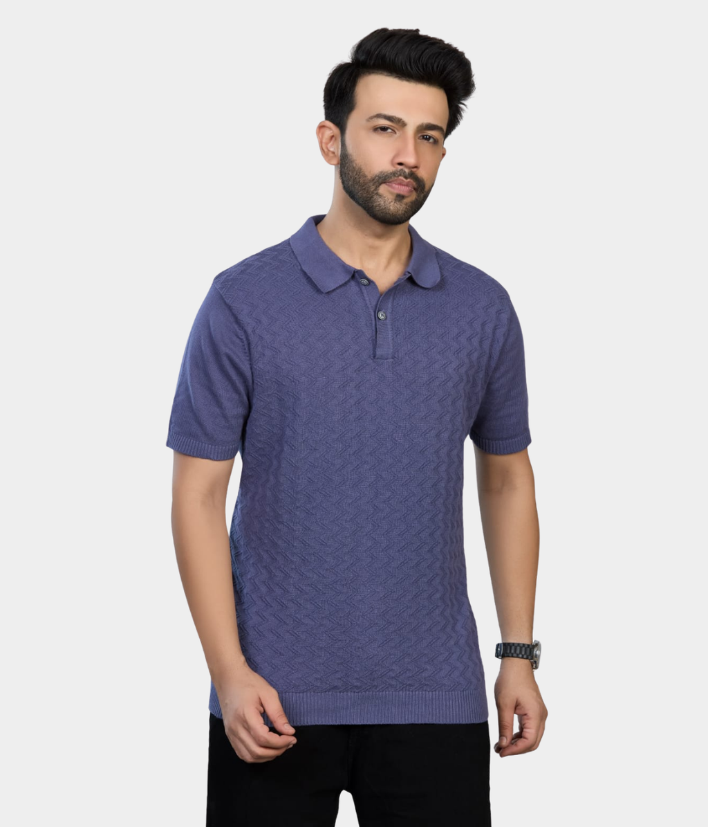 Washed Navy Cotton Knitted Polo T-Shirt