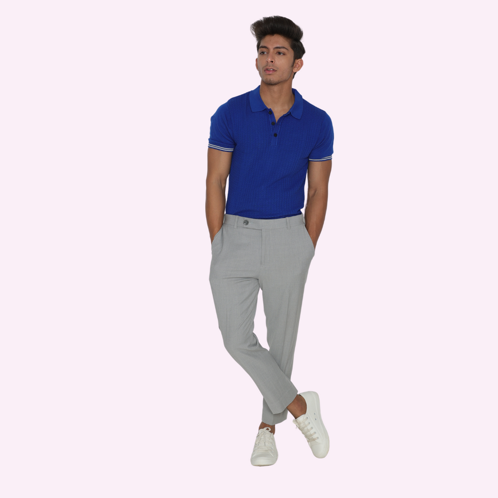 Blue Structured Cotton Knitted Polo T-Shirt