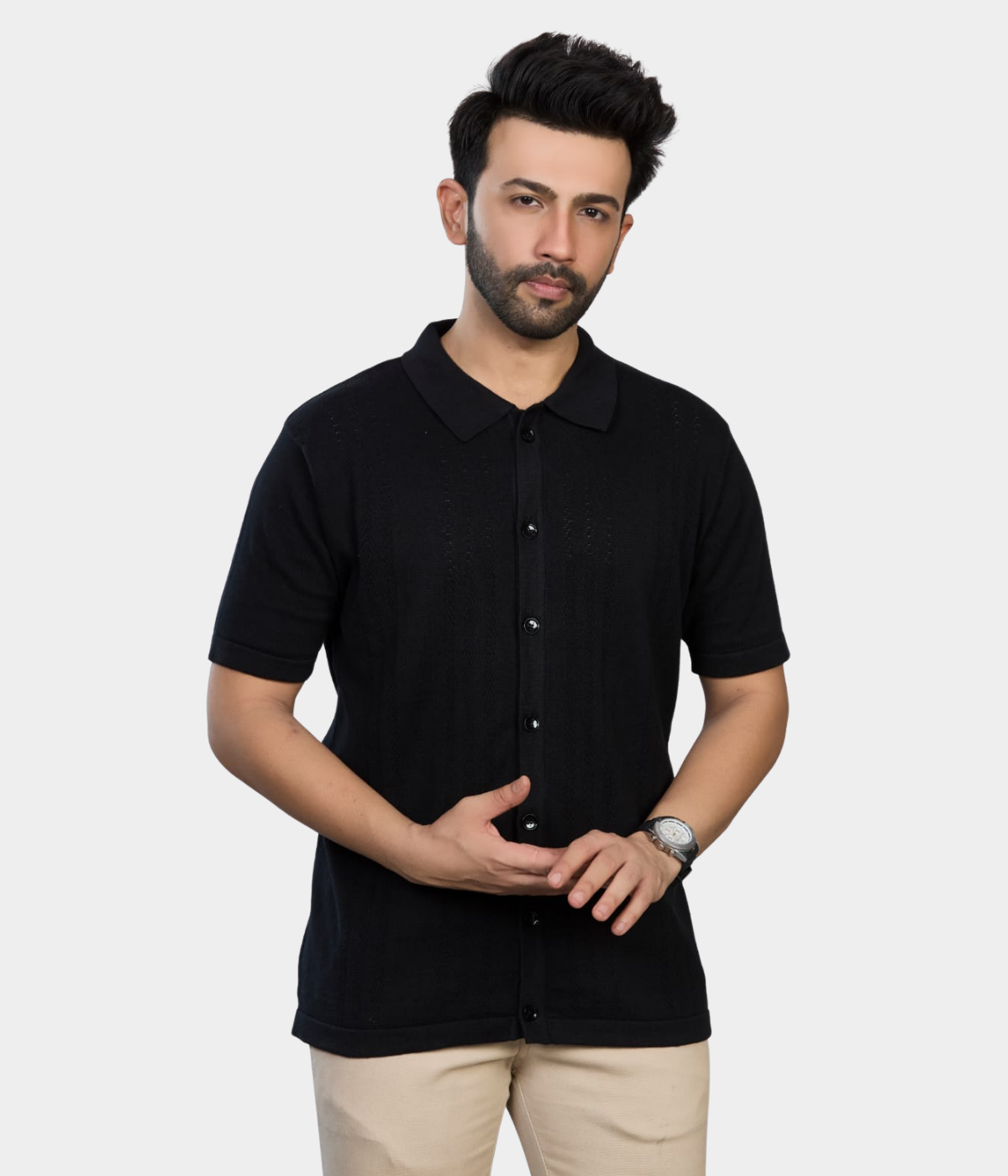 Black Pointelle Knitted Cotton Shirt