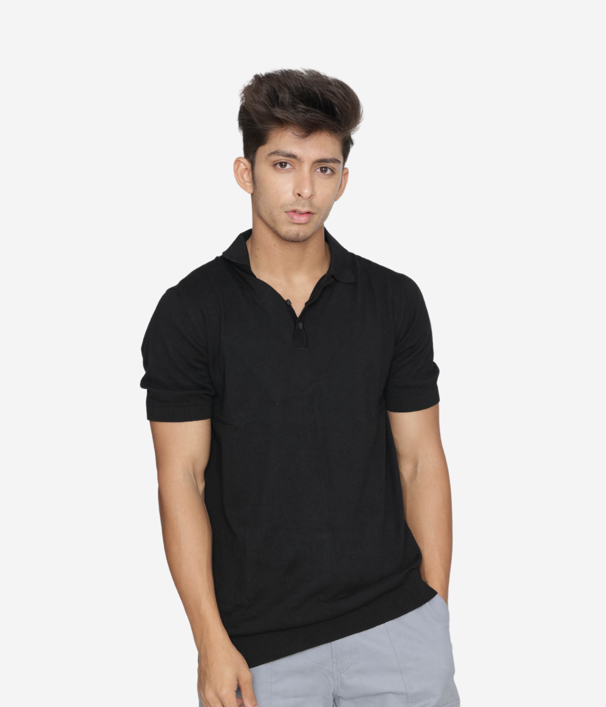 Black Solid  cotton Knitted Polo