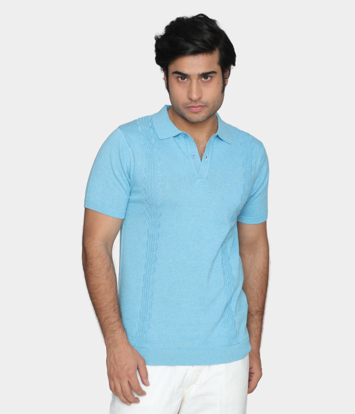 Sky Blue Structured Cotton Polo Knitted T-Shirt