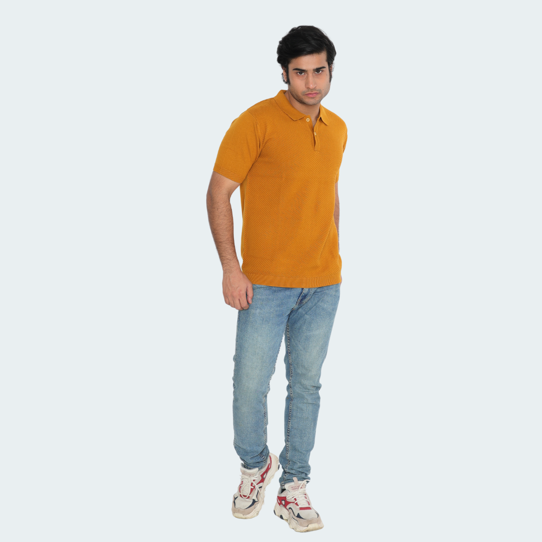 Mustard Knitted Polo T-Shirt – Vibrant, Textured,