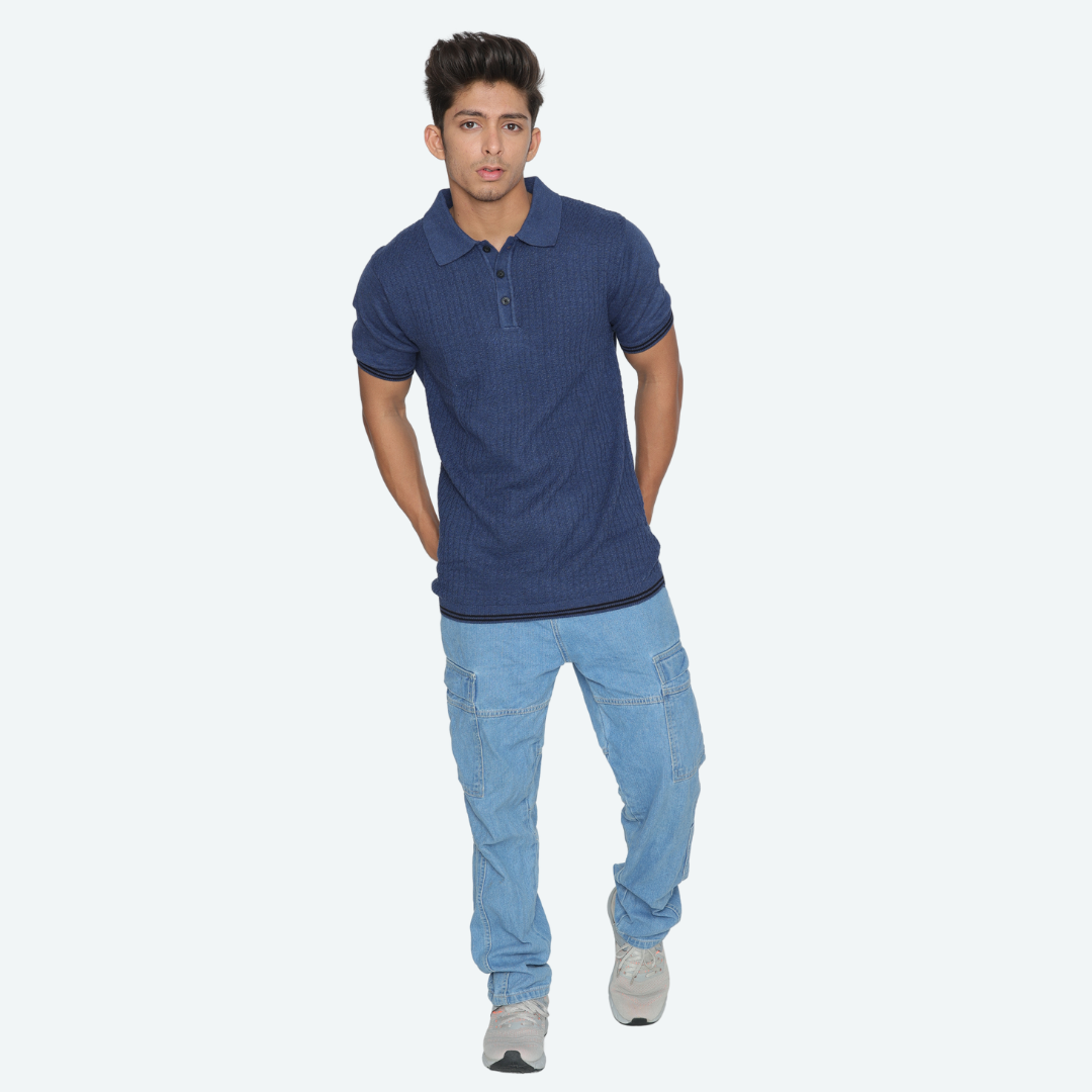 Navy Structured Cotton Polo Knitted T-Shirt