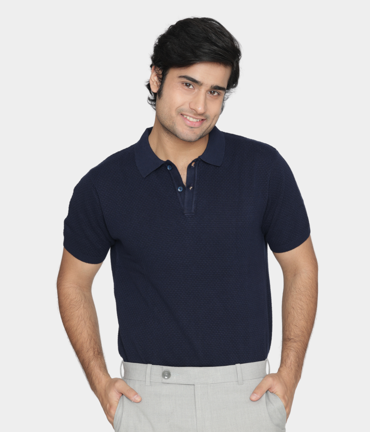 Navy Structured Cotton Polo Knitted T-Shirt