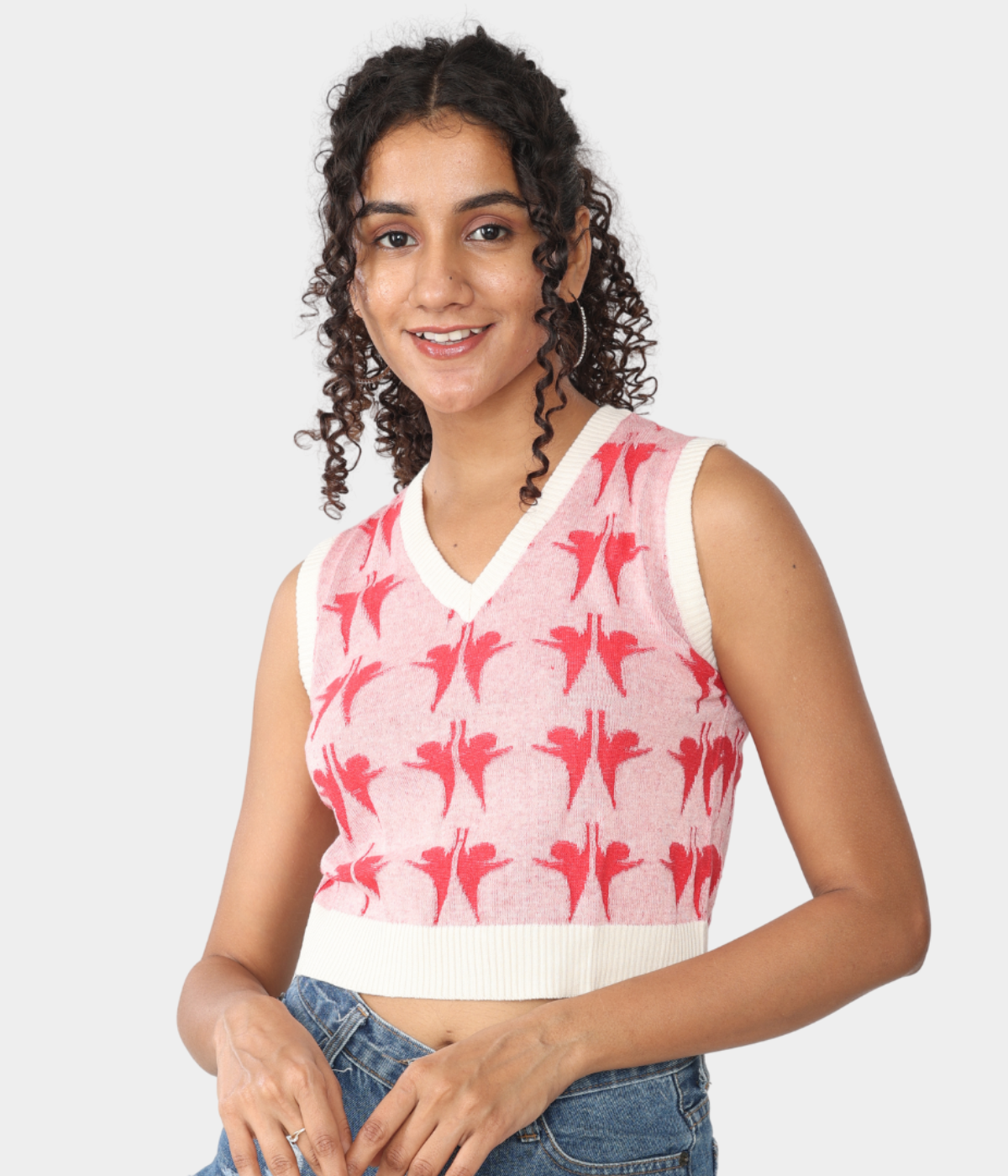 Off-White with Red Structured V-Neck Sleeveless Knitted