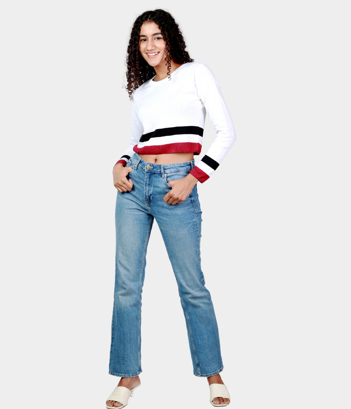 White Striped Structured Full Sleeves Knitted Top