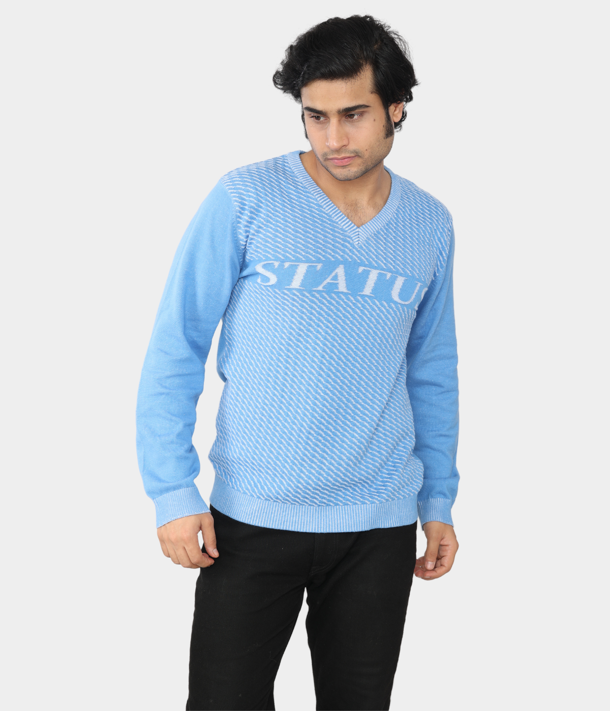 Blue & White Cotton Denim-Look Knitted Long Sleeves T-Shirt