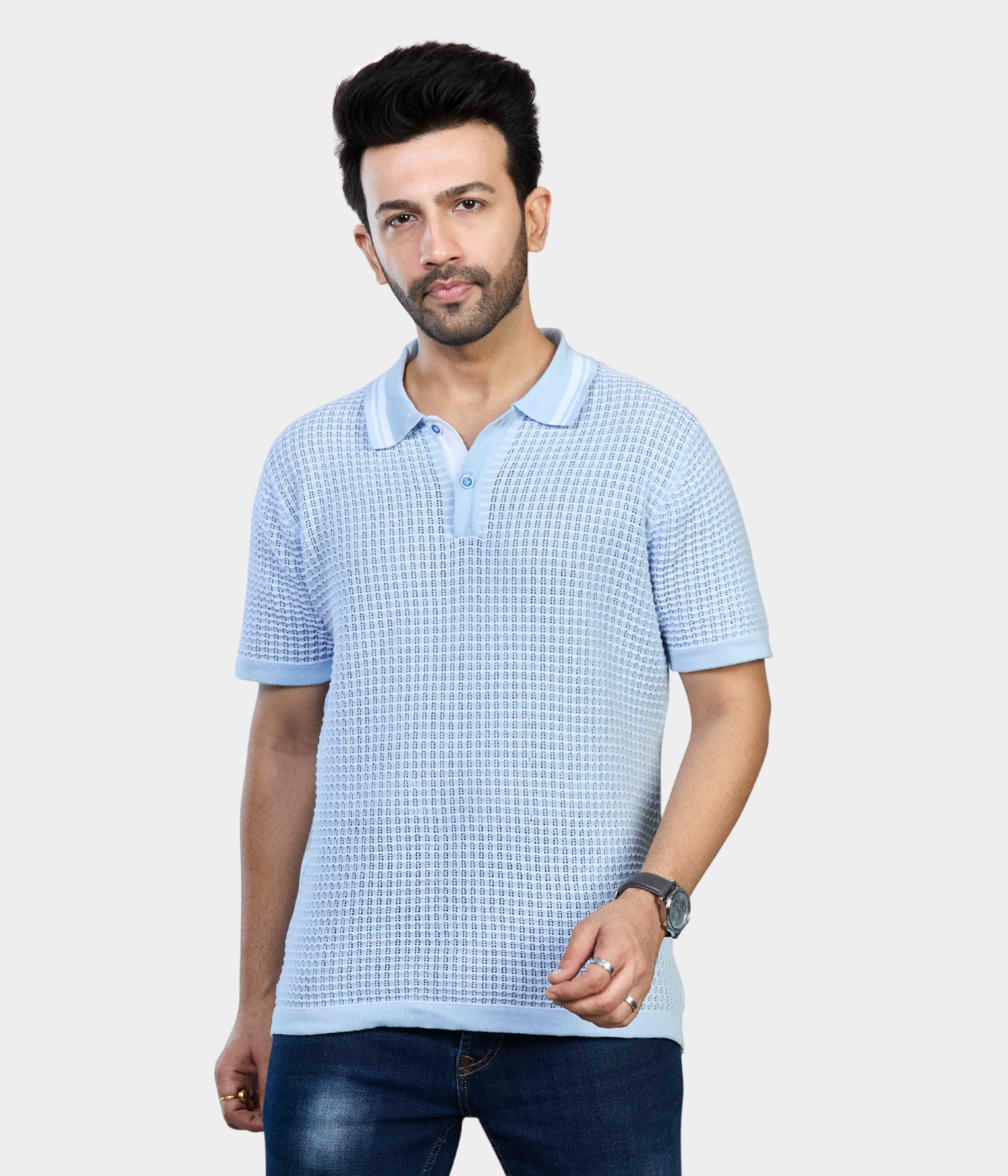 Blue & White Pointelle Knitted Polo T-Shirt