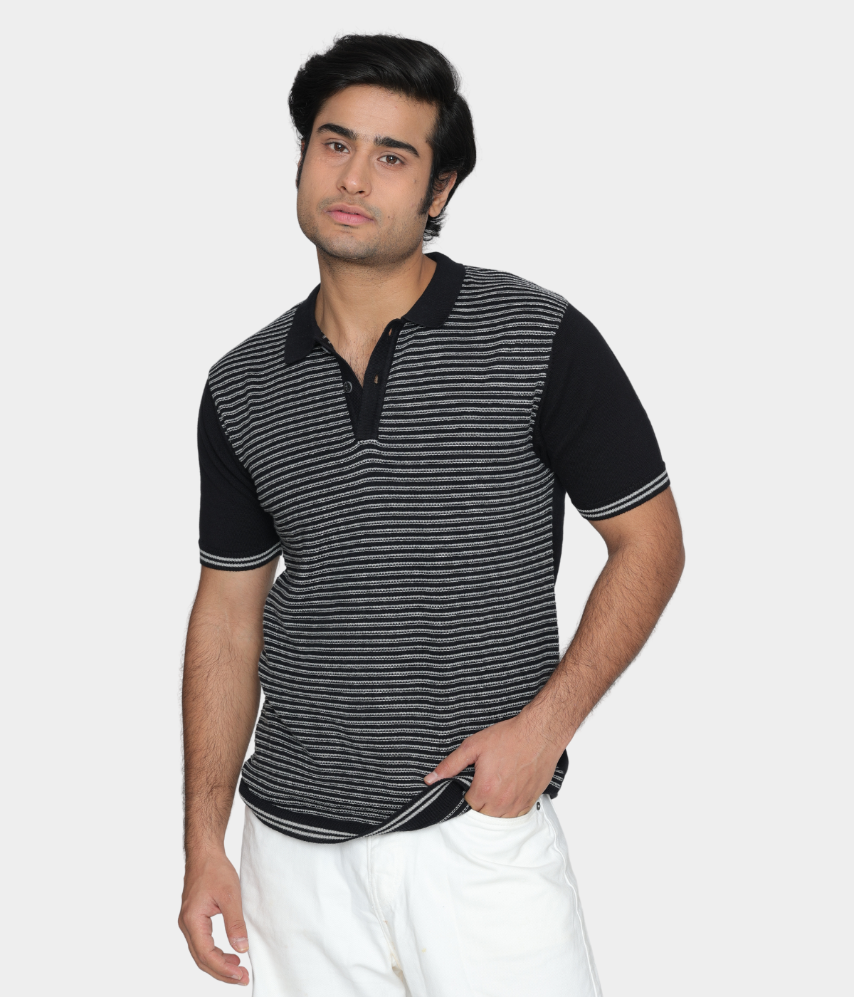 Black/Grey Structured Cotton Polo Knitted T-Shirt