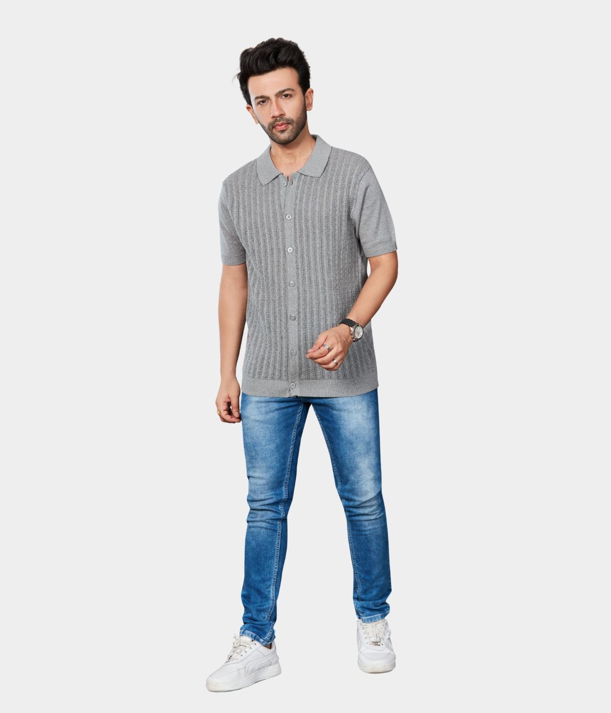 Grey Pointelle Knitted Cotton Shirt