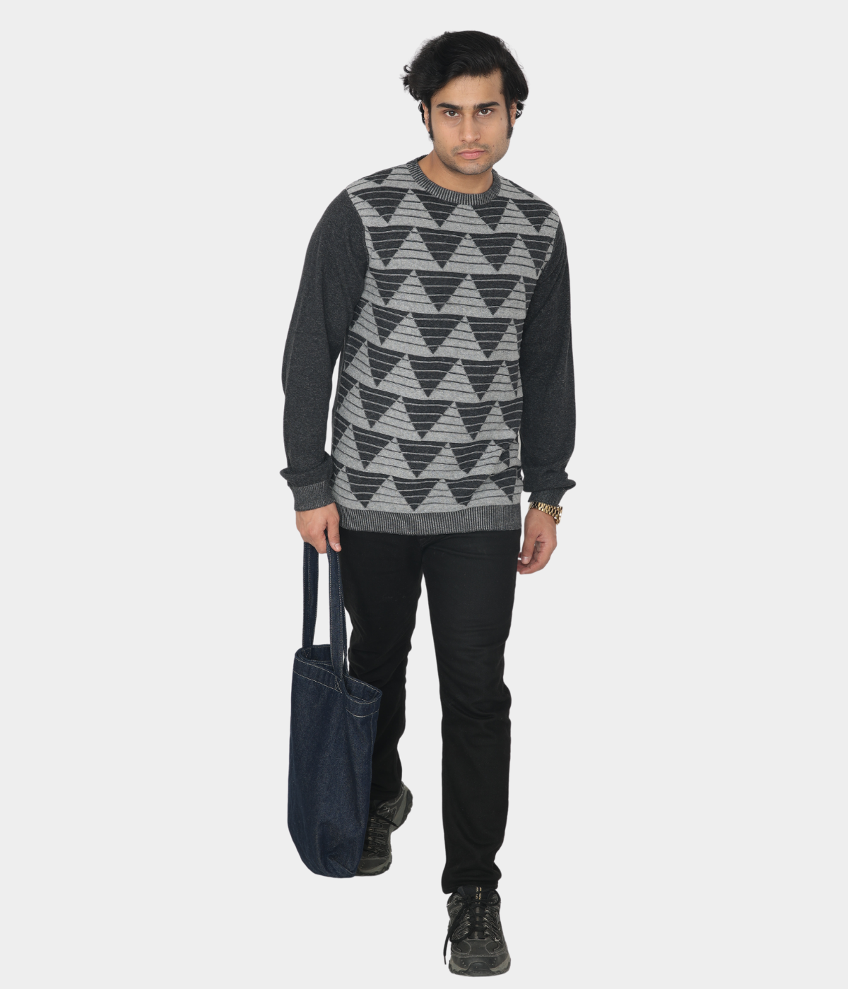 Charcoal grey denim finished jacquard knitted cotton T-Shirt