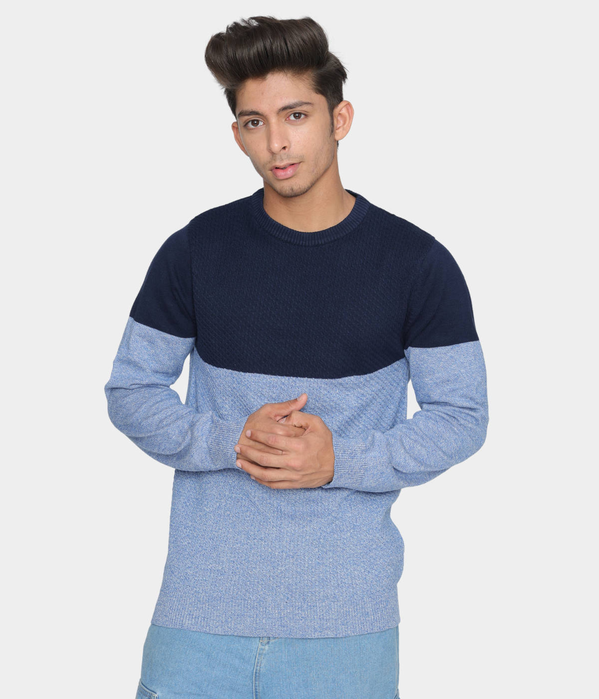 Navy light blue structured cotton knitted T-Shirt