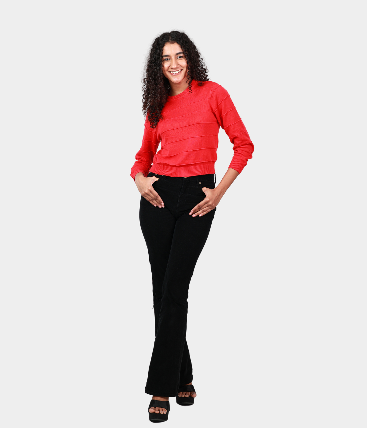 Red Round Neck 3/4 Sleeves Knitted Top