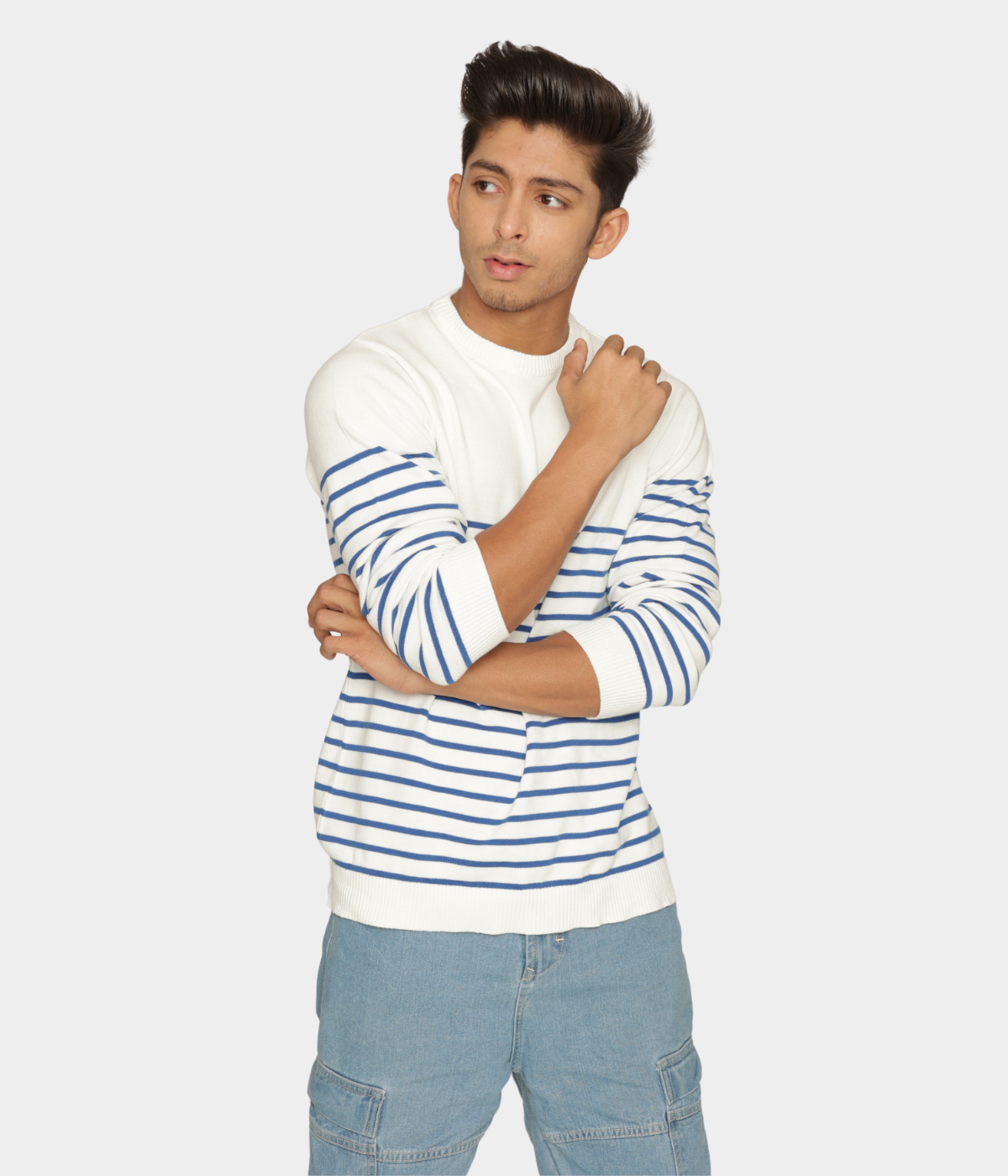 OFF WHITE BLUE STRIPED PREMIUM COTTON FULL SLEEVES T-SHIRT