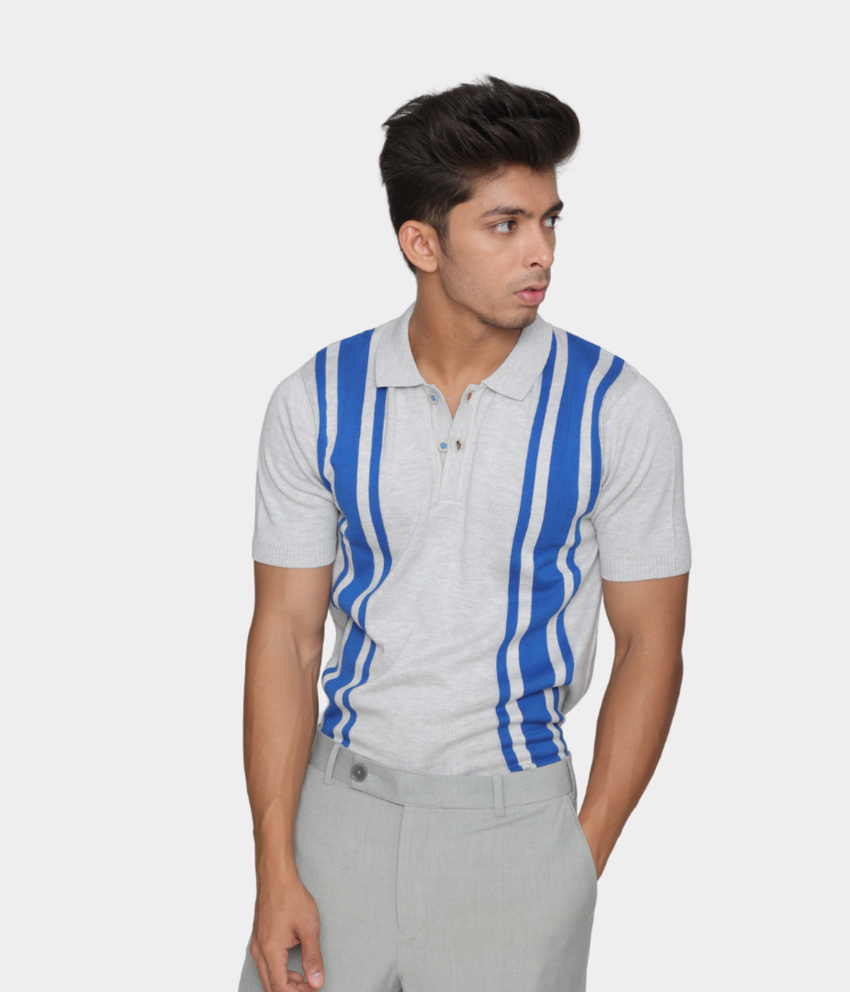 Grey/Blue Structured Cotton Knitted Polo T-Shirt