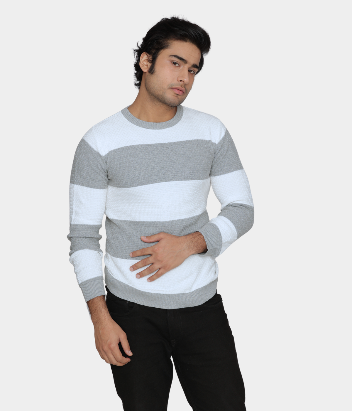 White and Grey Striped Knitted Cotton T shirt