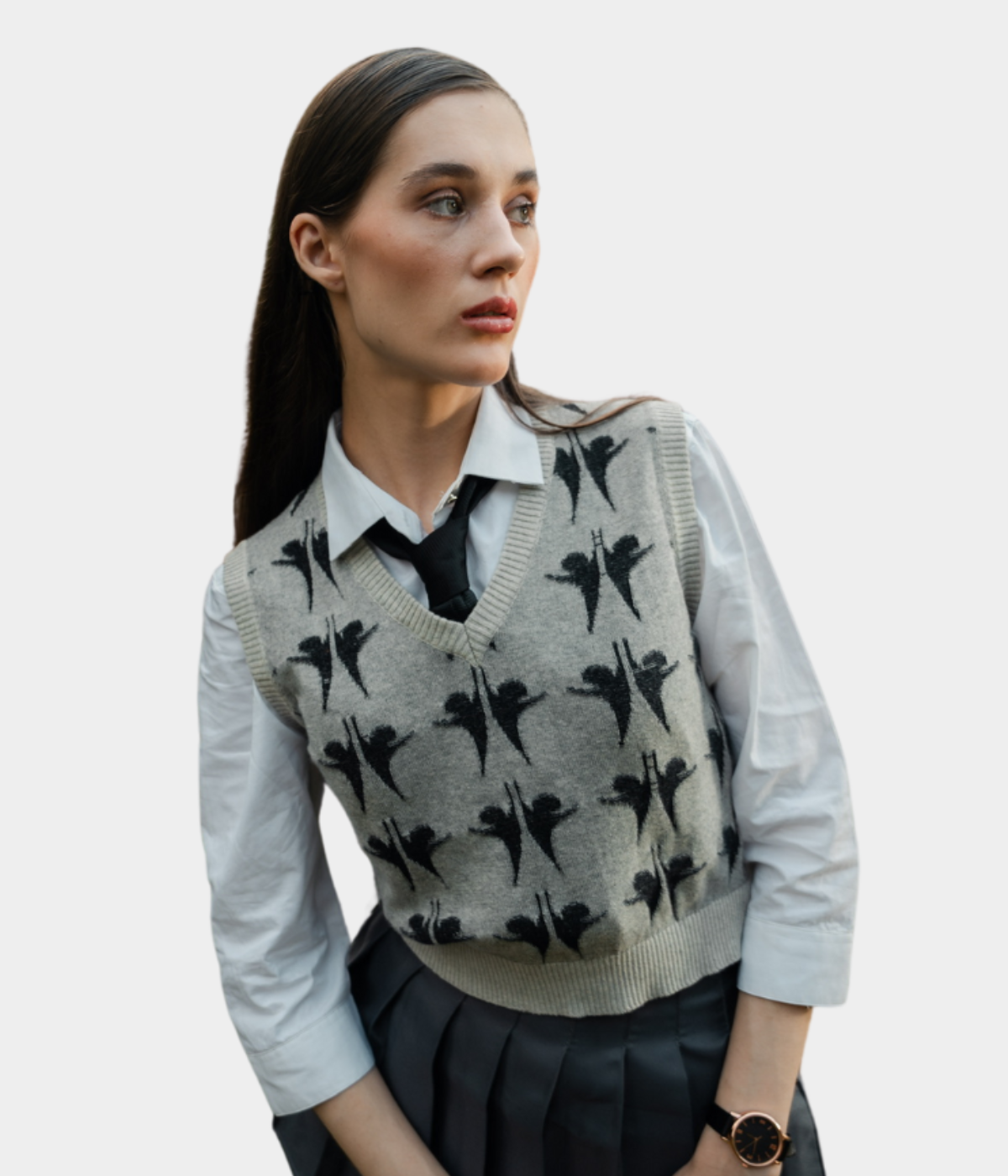 Grey with Black Structured V-Neck Sleeveless Knitted