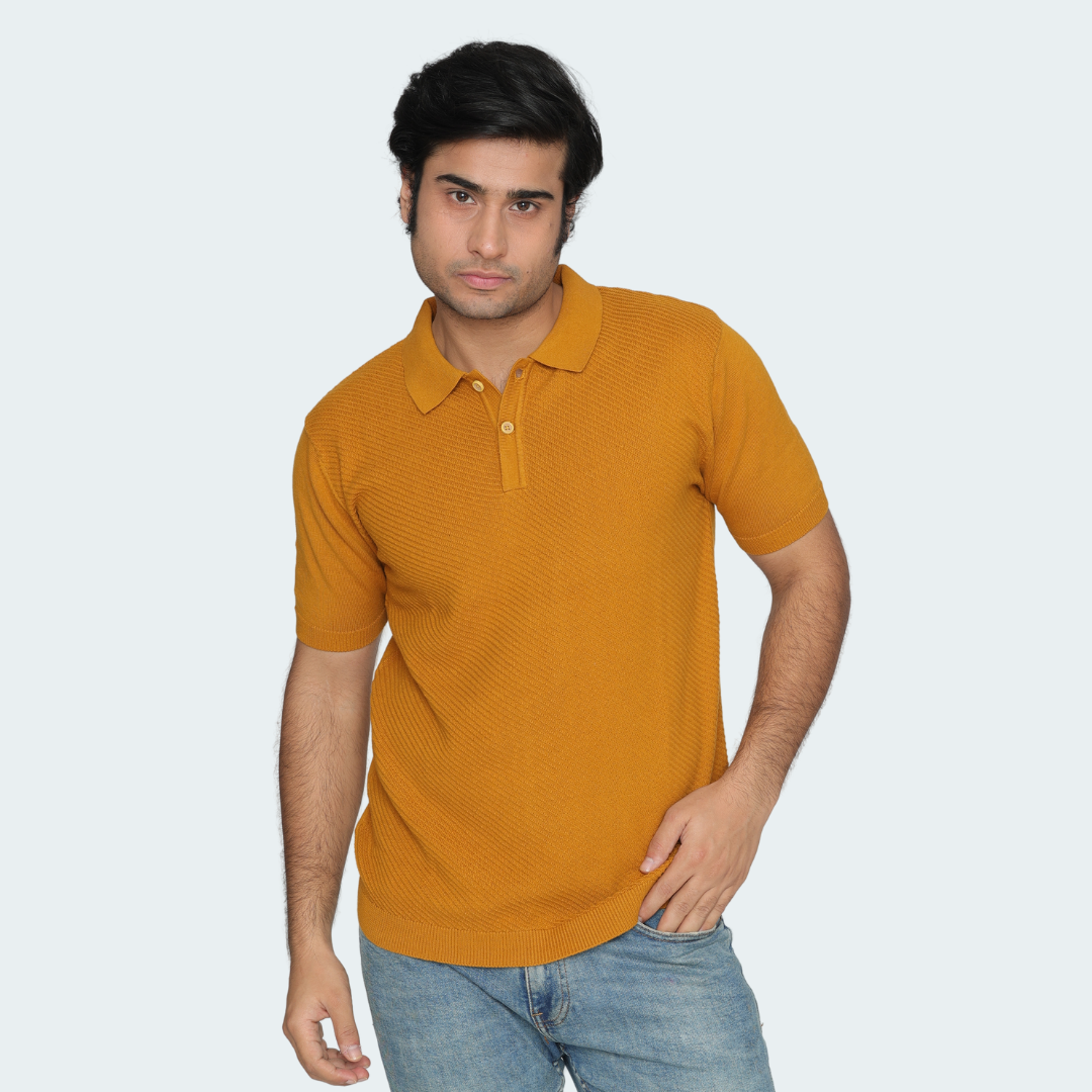 Mustard Knitted Polo T-Shirt – Vibrant, Textured,