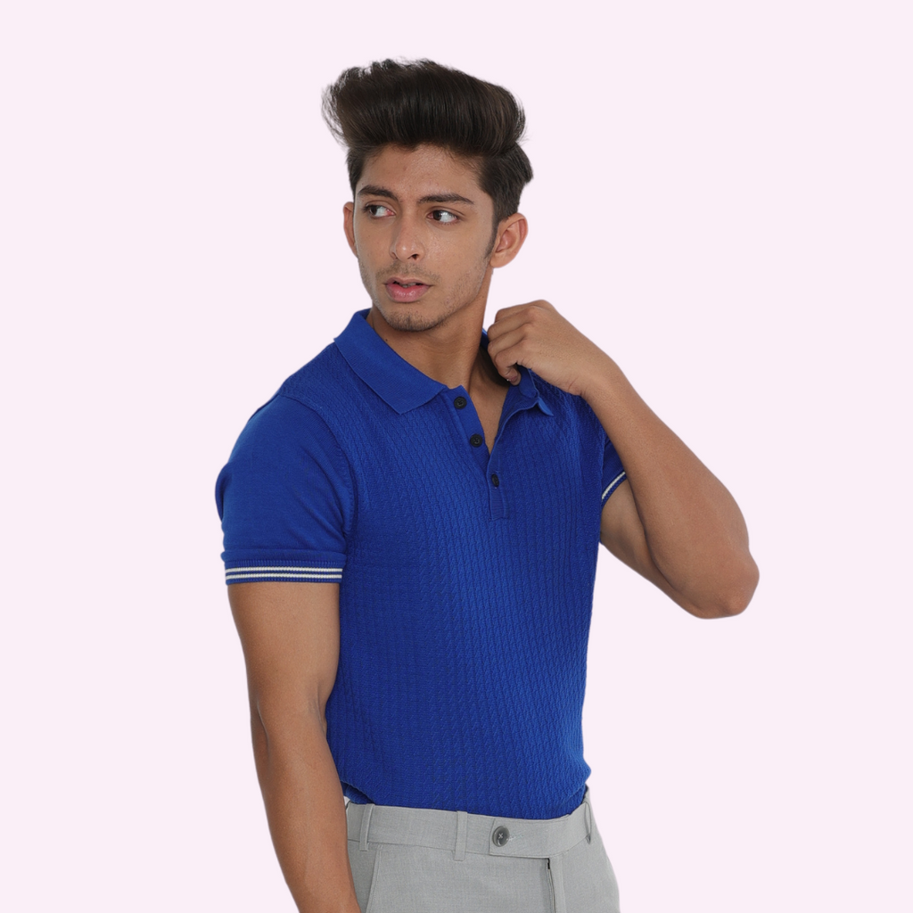 Blue Structured Cotton Knitted Polo T-Shirt