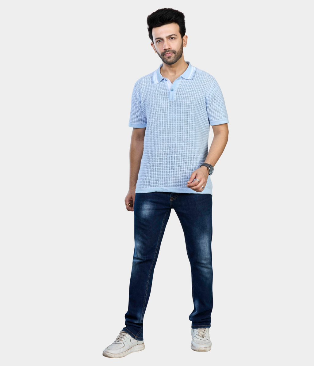 Blue & White Pointelle Knitted Polo T-Shirt