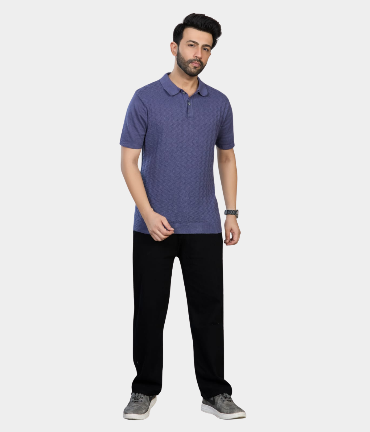 Washed Navy Cotton Knitted Polo T-Shirt