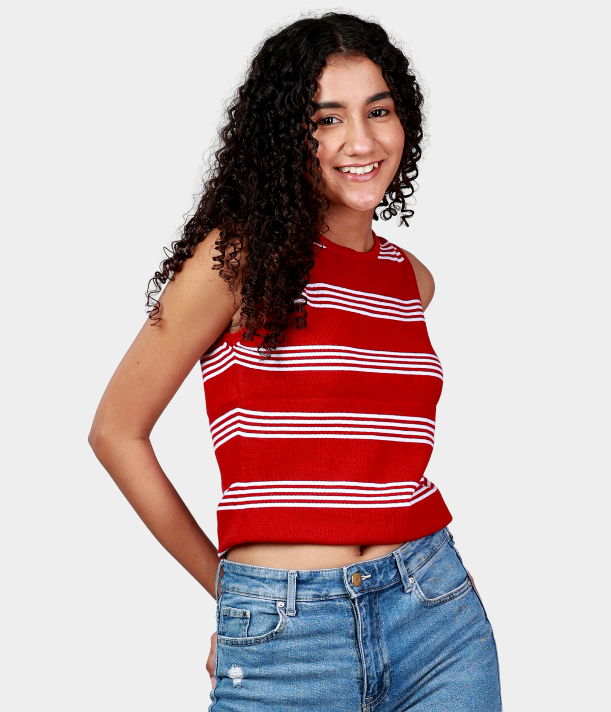 Red with White Stripes Round Neck Sleeveless Knitted