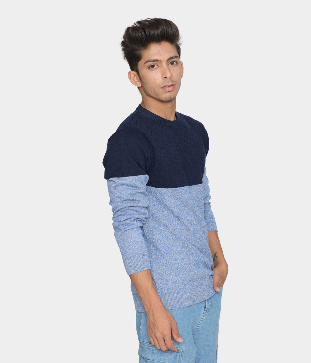 Navy light blue structured cotton knitted T-Shirt