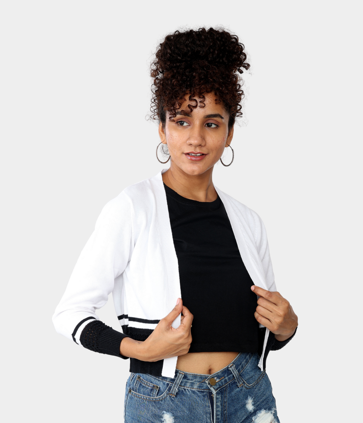 White with Black Pointelle Bottom Knitted Shrug