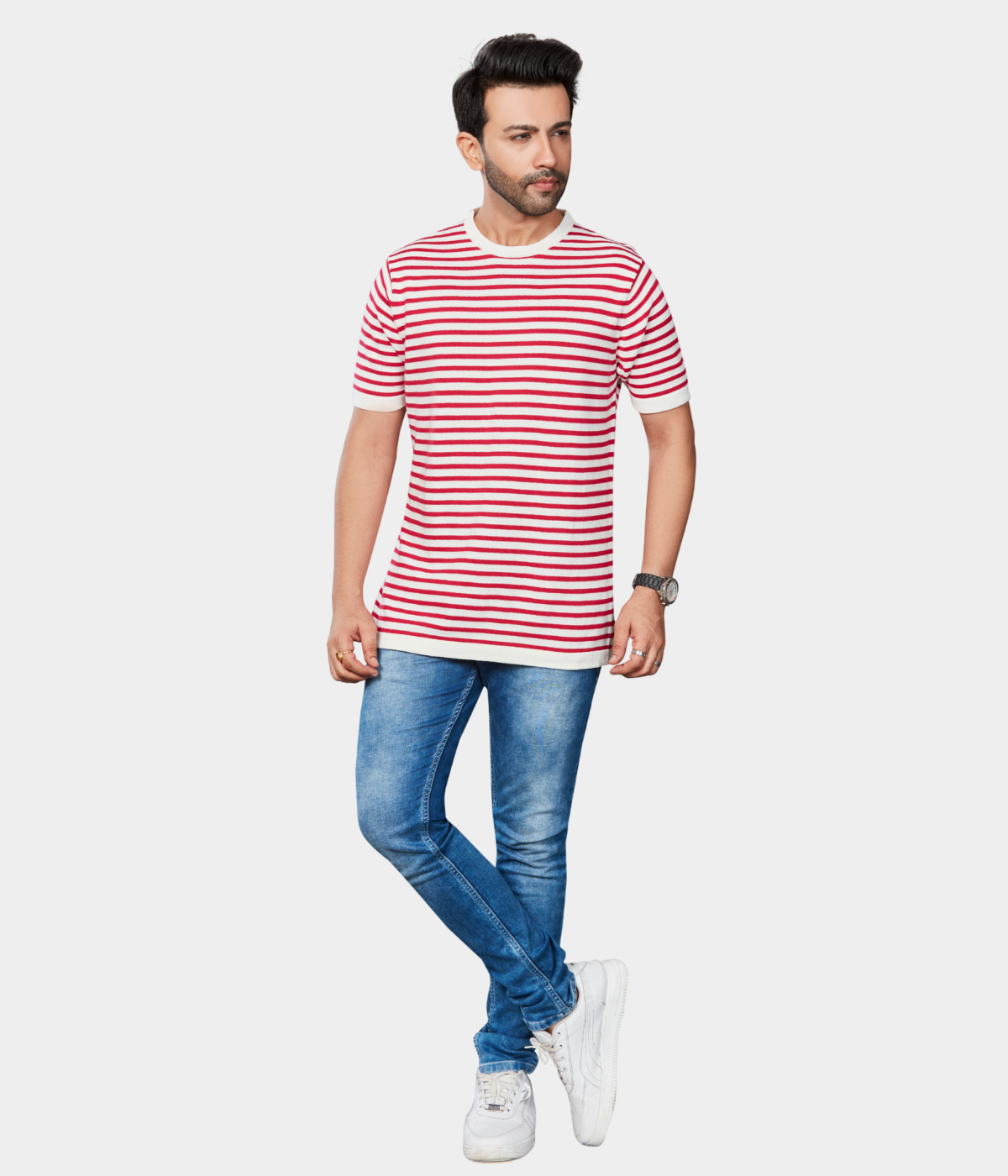 Off-White Round Neck Knitted T-Shirt with Rani Stripes