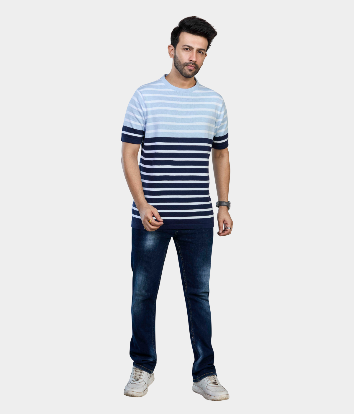 Light Blue & Navy Striped Knitted T-Shirt